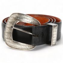 PAT AREIAS USA - silver-mounted leather belt, with chevron pattern silver buckle, length 117cm,