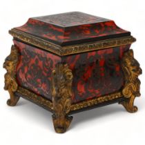 19th century tortoiseshell and brass Boulle marquetry square tea caddy, ogee sides with gilt-