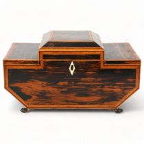 19th century coromandel and tulipwood banded box, with 3 stepped hinged lids enclosing an inner