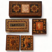 5 x 19th century Tunbridge Ware stamp boxes, largest length 9cm (5) All in good original condition
