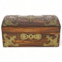 19th century coromandel dome-top jewel box, applied engraved brass mounts with silk tray lined