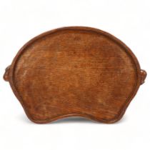 Robert Mouseman Thompson, oak tea tray, circa 1950s, with mouse handles and adze finish, length 48cm