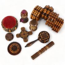 A group of 19th century Tunbridge Ware items, including sewing tape, needle cases, pin cushion,