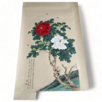 20th century Chinese School, watercolour scroll painting, chrysanthemum and bees, mounted on silk