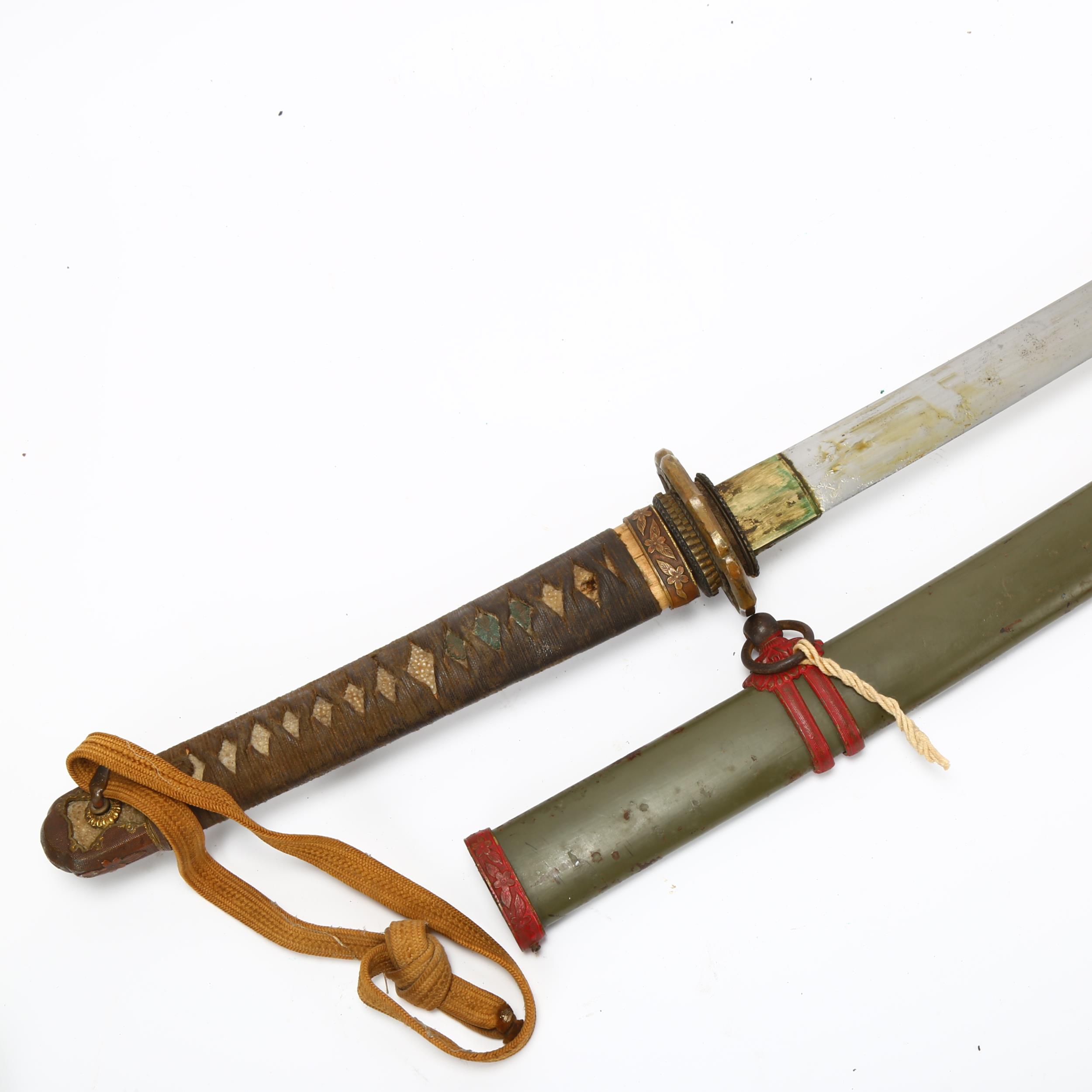 Japanese early 20th century sword, with shagreen and bound handle with parcel-gilt mounts, blade - Image 2 of 3