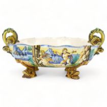 Cantagalli Maiolica pottery table centre bowl, length 40cm, A/F Bowl has been broken in 2 and re-