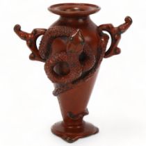 A Japanese red/brown patinated bronze miniature vase, with entwined serpent body, height 11cm Good