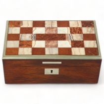 19th century rosewood box with specimen marble inset lid in nickel surround, 15cm x 8.5cm, height