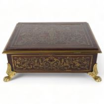 19th century rosewood and brass inlaid rectangular box, the hinged lid decorated with a soldier