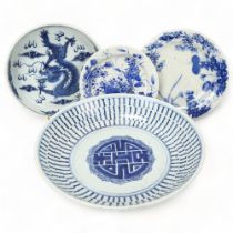 A Chinese blue and white porcelain bowl, diameter 28cm, a blue and white dragon bowl with 4