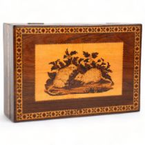 19th century Tunbridge Ware and rosewood box, the hinged lid depicting 2 mice in geometric banded