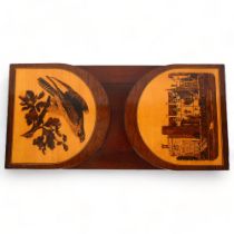 19th century Tunbridge Ware and rosewood extending book rack depicting Penshurst Place and bird of