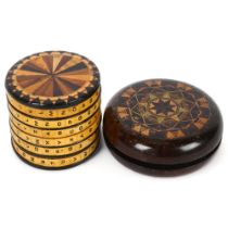 A rare 19th century Tunbridge Ware combination drum-shaped box, with parquetry inlaid ends and 6