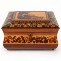 19th century Tunbridge Ware sewing box depicting Carew Castle Wales, lid having raised central panel