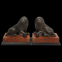 Pair of 20th century patinated bronze lions on stained wood bases, base length 20cm, height 18cm