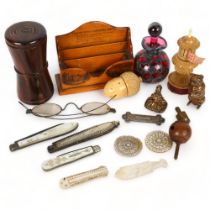 A collection of Victorian treen and other interesting items, including a miniature Dunkeld Mauchline