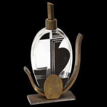 French Art Deco black and clear glass perfume bottle, in bronze stand, height 17cm Good condition,