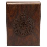 A stained wood box with relief carved Royal Engineers military crest to the lid, 20cm x 15cm Good