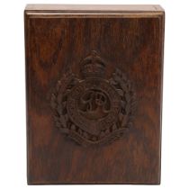 A stained wood box with relief carved Royal Engineers military crest to the lid, 20cm x 15cm Good