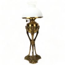 19th century brass oil lamp, by Jones & Willis, relief cast satyr masks supported by satyr legs,