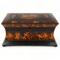 19th century Tunbridge Ware tea caddy depicting Battle Abbey, ebonised and floral micro-mosaic