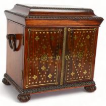 19th century rosewood and brass inlaid table-top jewel cabinet, hinged lid with carved moulded edge,