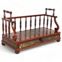 19th century mahogany and brass marquetry inlaid desk top book rack, with spindled gallery and