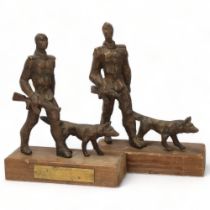 Mid-20th century European School, 2 bronze sculptures of soldiers with dogs, mounted on woodblock