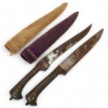 2 x 19th century Islamic knives, with parcel-gilt handles and velvet-covered sheaths, overall length