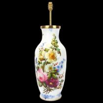 Large 19th century porcelain table lamp, hand painted detailed botanical studies, no factory