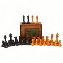 Jaques Staunton pattern chess set, boxwood and ebonised, King stamped Jaques London, in original