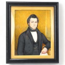 19th century miniature watercolour on ivory, portrait of a gentleman, unsigned, overall frame