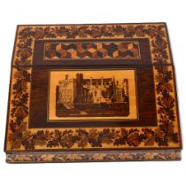 19th century Tunbridge Ware writing slope, the lid depicting Penshurst Place, rosewood and foliate