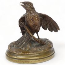 Jules Moigniez (1835 - 1894), patinated bronze sculpture, bird on a branch, signed on base, height
