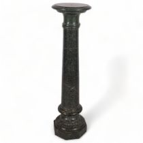 19th century green marble column on carved base, height 112cm, top diameter 29cm Several chips