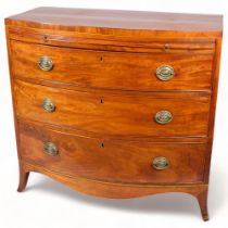 19th century mahogany bow-front chest of 3 long drawers, with brushing slide, width 91.5cm, depth