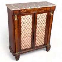 19th century rosewood Egyptian Revival side cabinet, with coloured marble top, inlaid brass