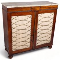19th century rosewood side cabinet of small size, with coloured marble top and brass lattice