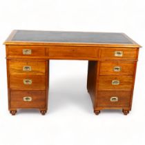 A 19th century mahogany military pedestal desk, with 1 long frieze plan drawer and drawer-fitted