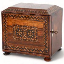 A small 19th century Tunbridge Ware and rosewood jewel cabinet, inlaid micro-mosaic bands, with