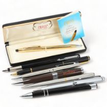 CROSS - gold plated ballpoint pen, boxed with papers, and 7 other various pens (8)