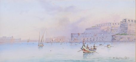 D'Esposito, harbour scene Malta, gouache, signed, 11cm x 23cm, framed Good condition