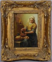 Maid in the kitchen, contemporary oil on panel, in modern gilt frame, image 16cm x 11cm, framed Good