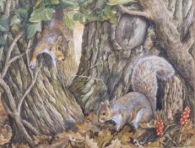 Valerie Briggs, squirrels in autumn, watercolour, signed and dated 1988, 34cm x 44cm, framed Good