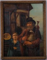 19th century Swiss School, bagpipe player and boy, oil on metal, unsigned, 20cm x 15cm, framed