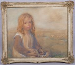 Girl with a daisy chain, early 20th century watercolour, unsigned, 50cm x 60cm, framed Even paper