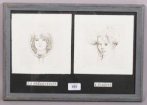 Leonor Fini, 2 portrait studies, artist's proof etchings, signed in pencil, plate 12cm x 12cm,