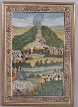 Mughal battle scene, watercolour on linen, 50cm x 35cm, framed Good condition