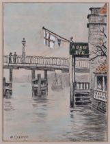 Walter Greaves (1846 - 1930), old Battersea Bridge, ink and watercolour, signed, 22cm x 17cm, framed