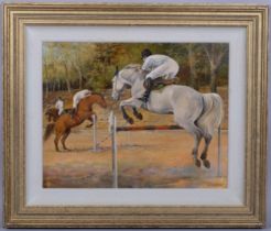 Sarah Aspinall, show jumping scene, oil on canvas, signed, 40cm x 50cm, framed Good condition